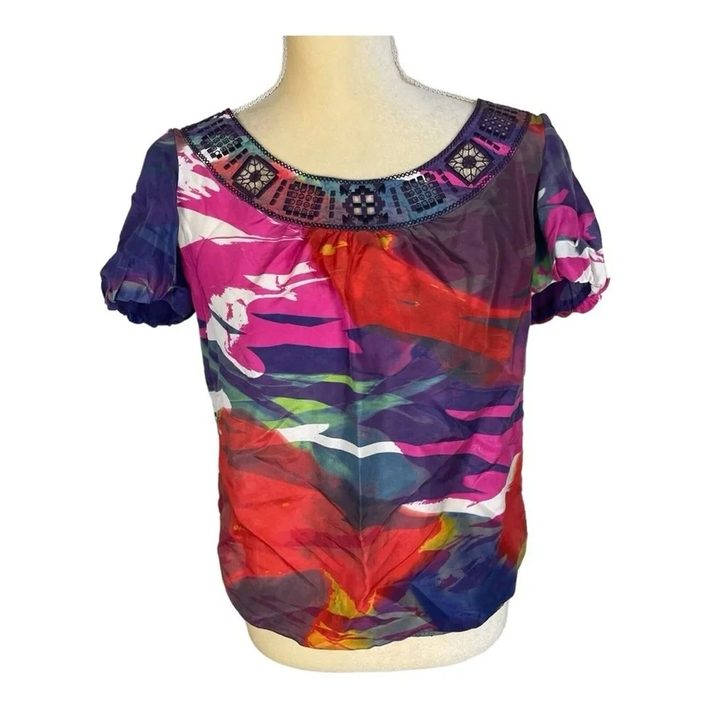 Tory Burch silk printed top blouse multi color abstract size 2